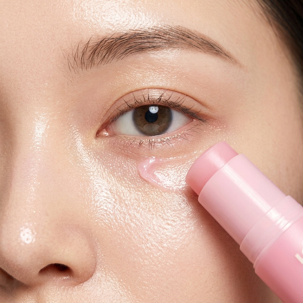 Fingertip applying balm under eye close-up