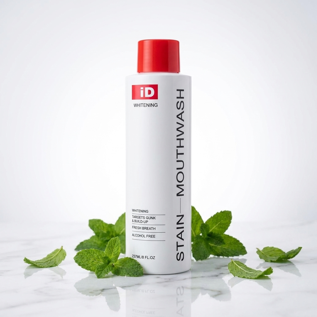 Whitening Stain Mouthwash bottle on marble surface